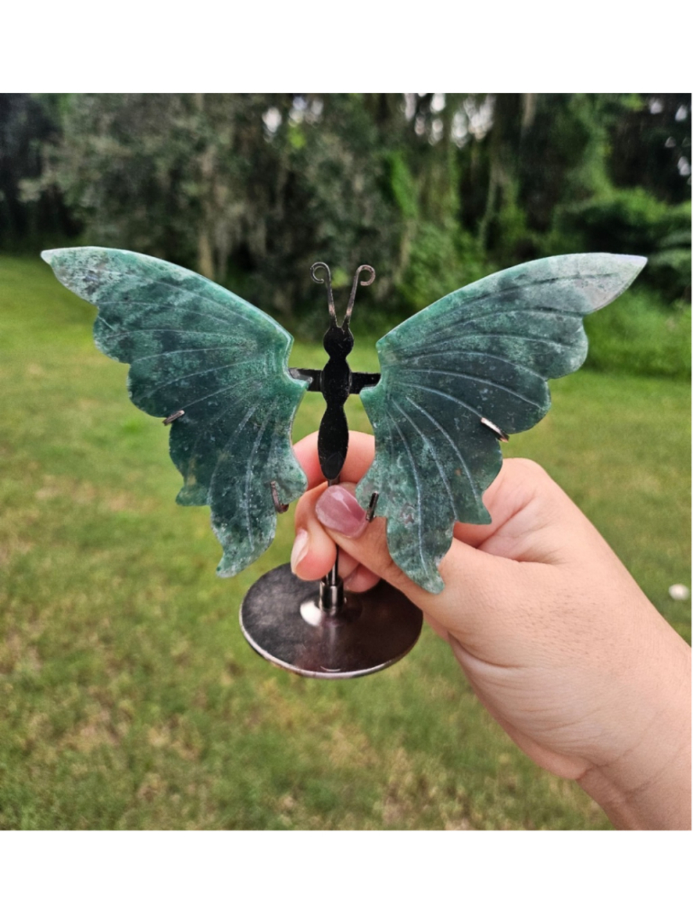 Moss agate butterfly on stand